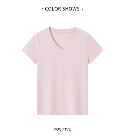 Semir Short Sleeve T-Shirt Women Slim V-Neck Positive Shoulder Simple 2024 New Antibacterial Summer Solid Colour Versatile T shi