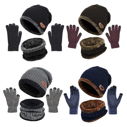 Winter Set Hat Scarves Touch Screen Gloves 3pcs Warm Men Women Fashion Thickening Plus Wool Neck Protect Cap Outdoor Riding