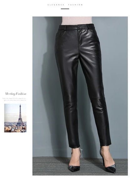 Leather Pants, Women's Slimming Small Leg Sheepskin Pencil Pants, Spring And Autumn, Leather Leggings ,Slim Leather Pants 4XL