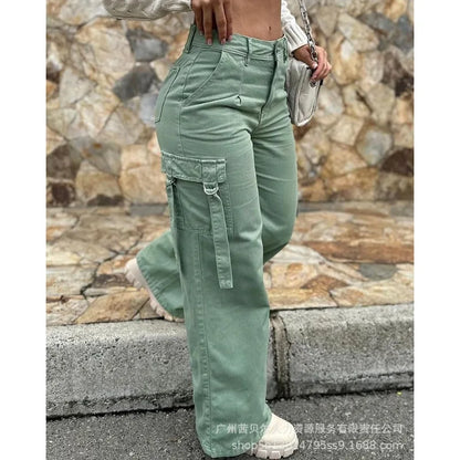 Wepbel Pocket Straight-Leg Overalls Pants 2023 Fashion Overalls Women Trousers Army Green Casual Patch Solid Color Cargo Pants