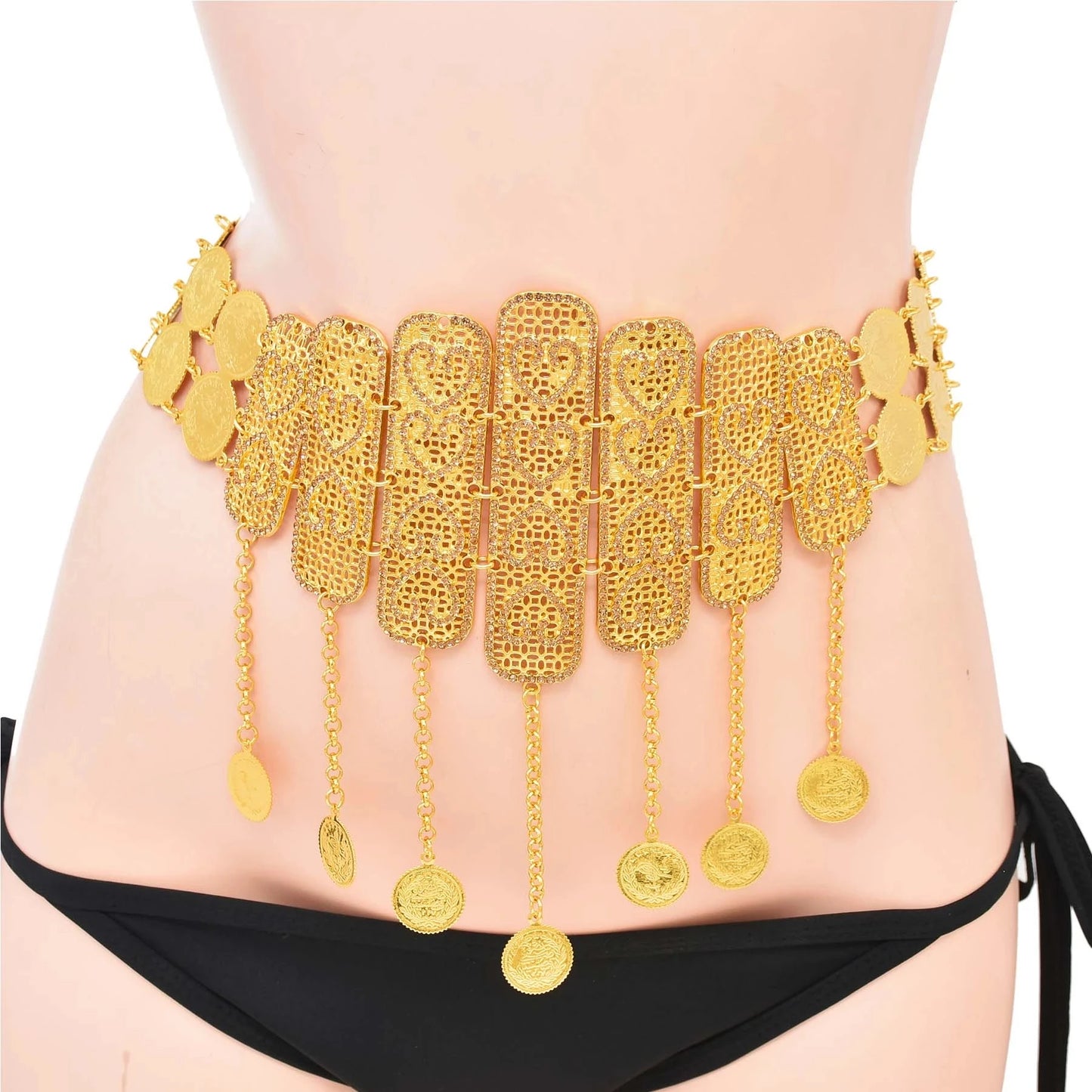 Afghan Turkish Golden Coin Belt Rhinestone Crystal Geometric Heart India Waist Belly Chains Kurdish Moroccan Arabic Body Jewelry