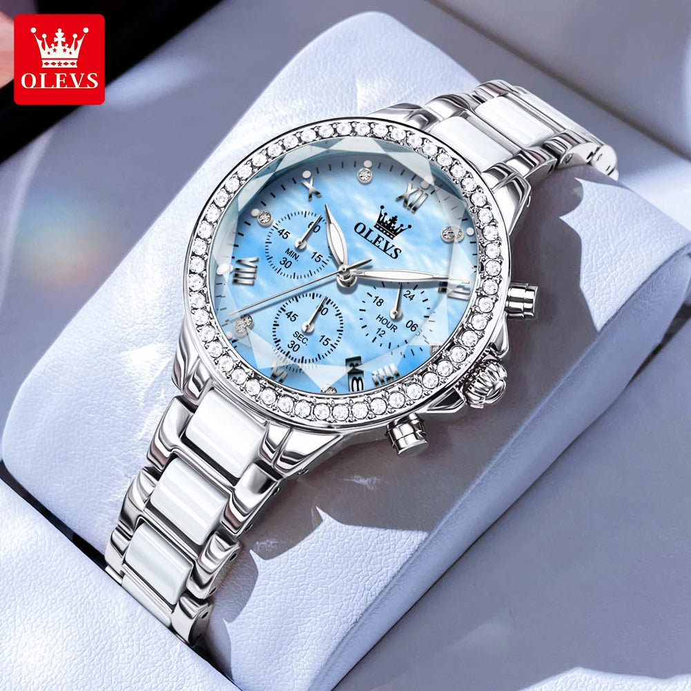 OLEVS Women's Watches Fashion Luxury Rhinestone luminous waterproof Bezel Ceramic Strap Quartz Women watch for Women Reloj mujer