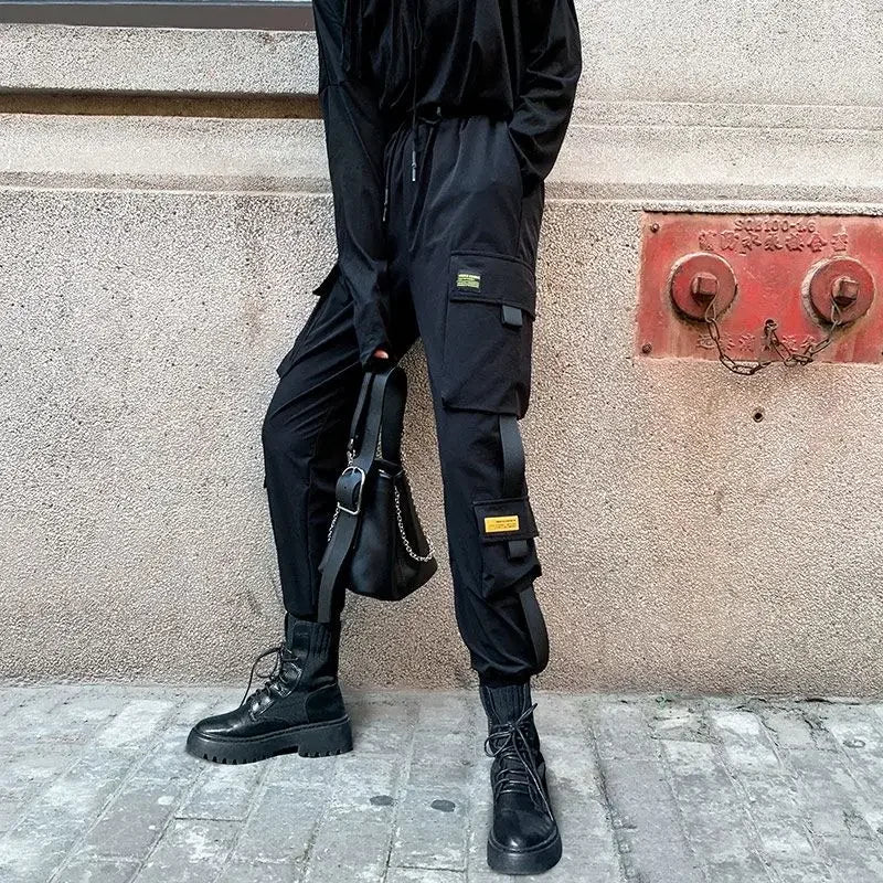 Y2K Black Cargo Pants for Women Hip Hop Big Pocket Joggers Sports Sweatpants Female Fashion Streetwear Casual Ankle Banded Pants