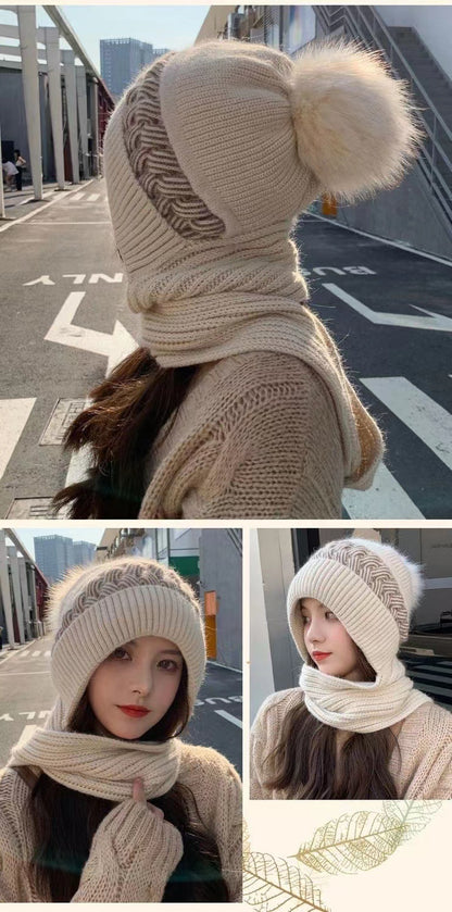 Hat Scarf All-in-one Female Winter Warm Rabbit Hair Knitted Cap Cycling Ear Protection Padded Cute Cold-proof Neck Cap