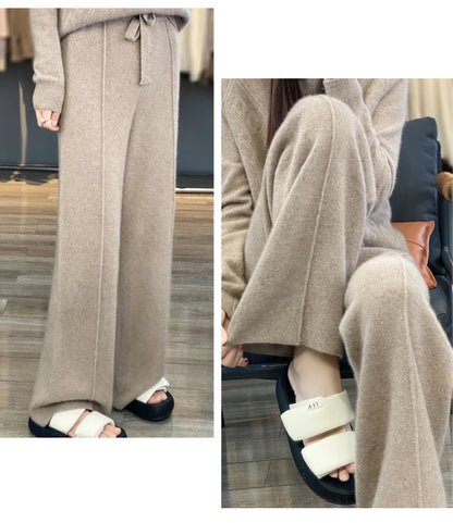 2023 autumn and winter new high-waisted wool mopping pants women's casual wide-leg pants hang out knitted woolen pants