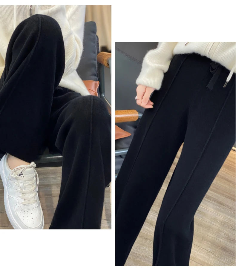 2023 autumn and winter new high-waisted wool mopping pants women's casual wide-leg pants hang out knitted woolen pants