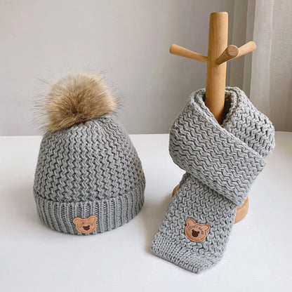 Autumn And Winter Children's Hats Scarves Two-piece Set Plush Insulation Knitted Hat Set Little Bear Wool Hat