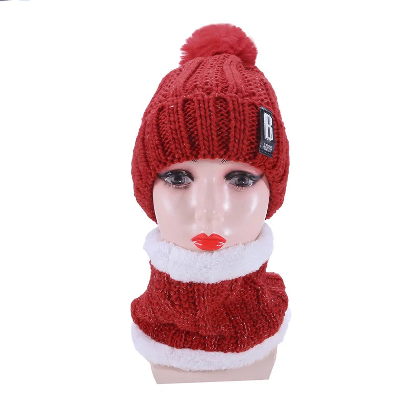 Warm Winter Skullies Beanies Knitted Hat Women Brand High Quality Winter Women Ball Ski Wool Fur Hat Pompoms Hats Knitted Scarf