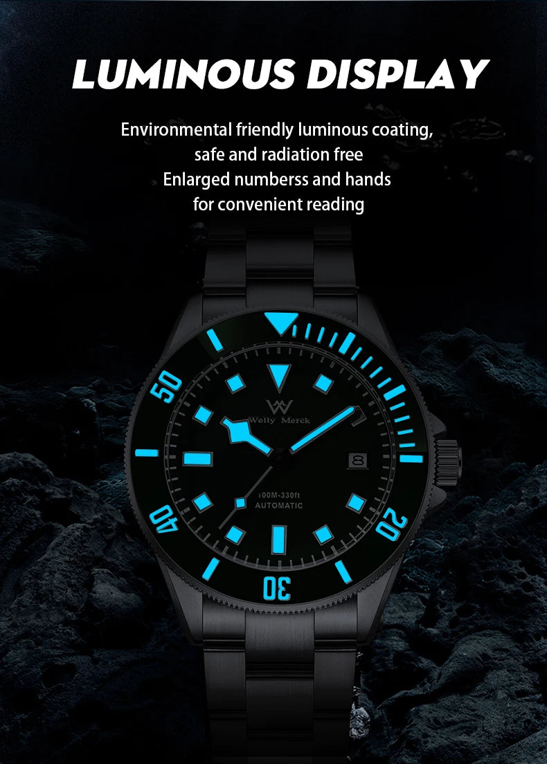 WM Watch Welly Merck Automatic Mechanical Watches Men 100M Water Resistant Sapphire Luminous Diver Dive Man Watch Miyota WM085