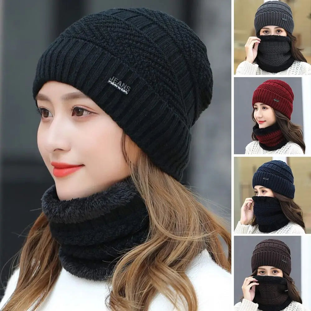 Two-Piece Set Fashion Women Knitted Hat Scarf Caps Neck Warmer Winter Hats For Men Women Skullies Beanies Warm Fleece Cap