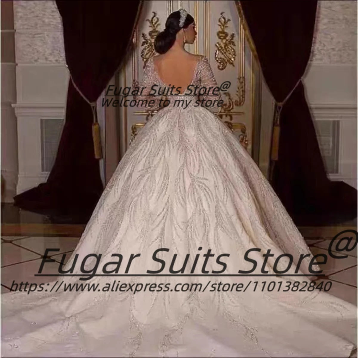 High-end O-neck Beading Bridal Wedding Dress Elegant Long Sleeve Sexy Ball Gown Long Bridal Solemn and Luxuly vestido de novia