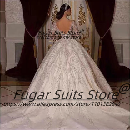 High-end O-neck Beading Bridal Wedding Dress Elegant Long Sleeve Sexy Ball Gown Long Bridal Solemn and Luxuly vestido de novia