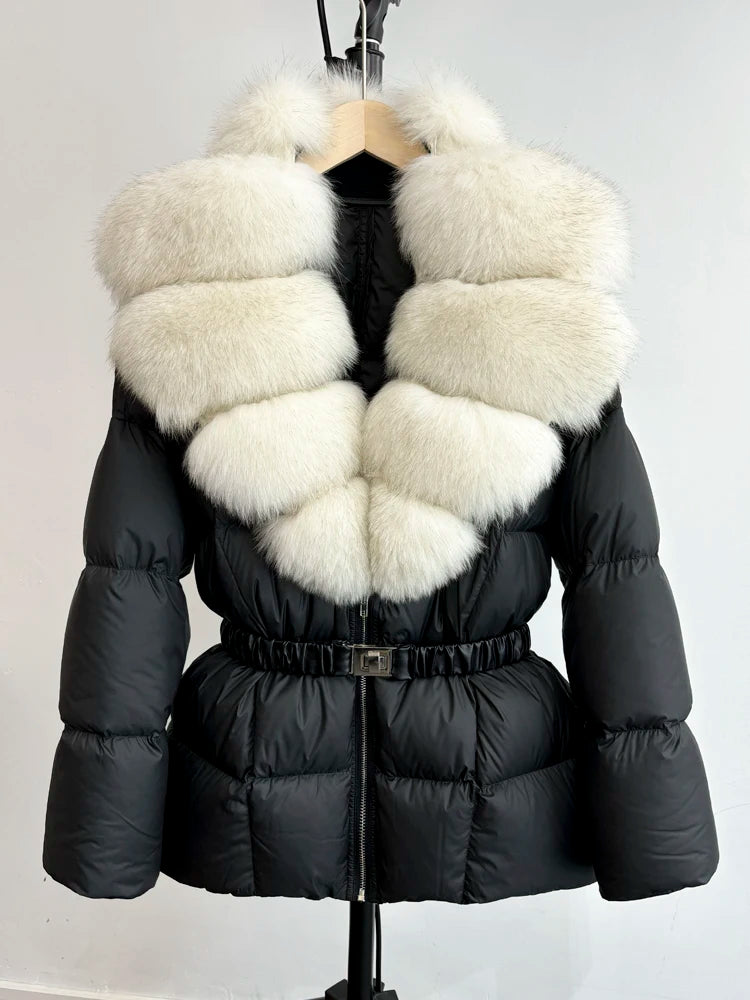 Janveny Super Big Real Fox Fur Winter Women 90% White Duck Down Jacket 2024 Ladies Slim Warm Puffer Coat Female Thick Parkas