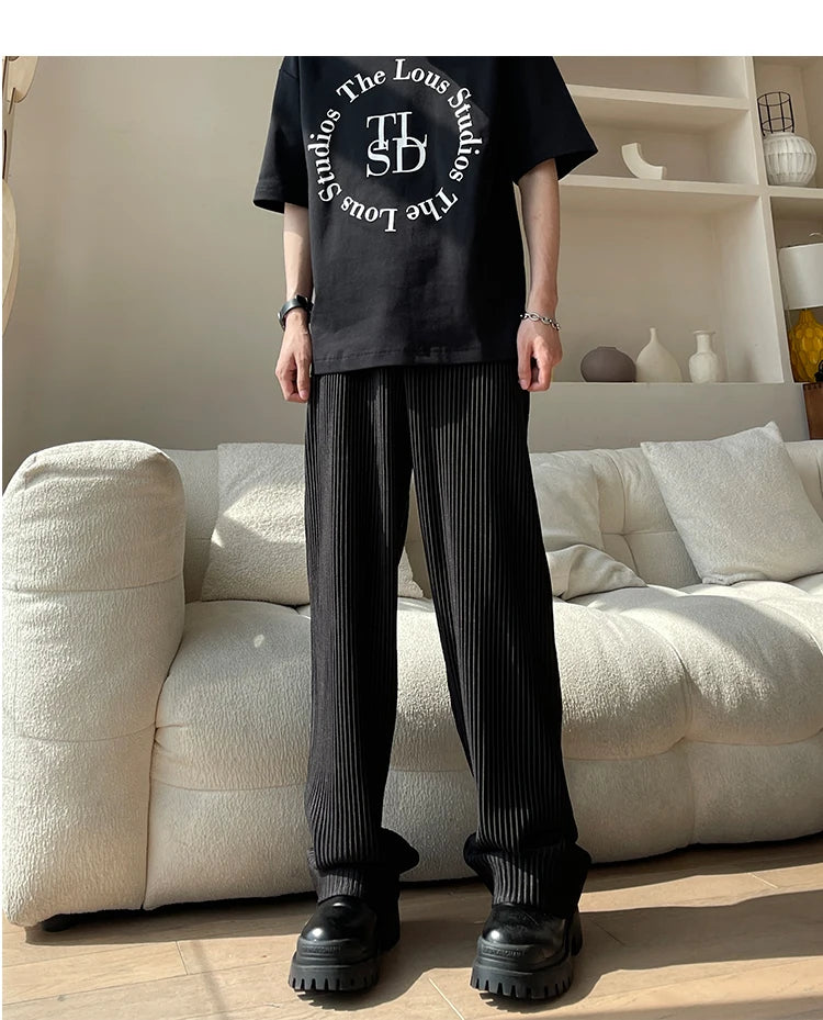 Summer Pleated Pants Men Oversized Fashion Casual Ice Silk Pants Men Streetwear Hip Hop Loose Wide Leg Pants Mens Trousers S-2XL