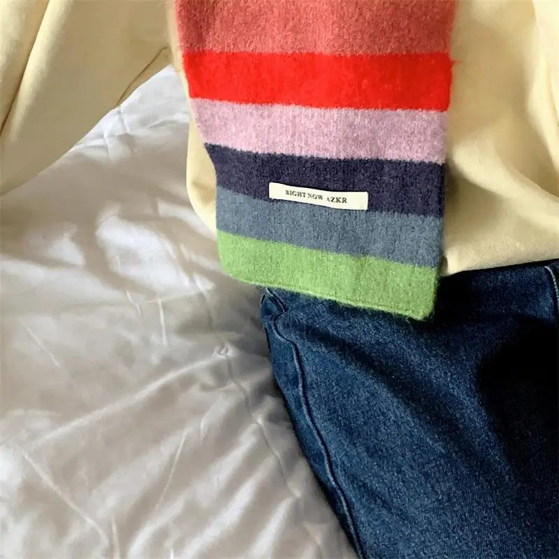 Rainbow Stripes Mohair Scarf Men And Women In Winter Colour Blocking Stripes Wool Short Scarf Students Warm Short Scarf