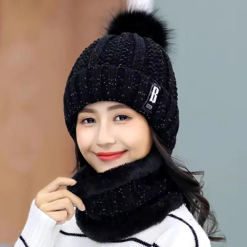 Warm Winter Skullies Beanies Knitted Hat Women Brand High Quality Winter Women Ball Ski Wool Fur Hat Pompoms Hats Knitted Scarf