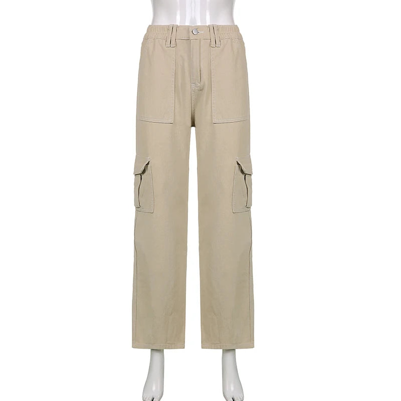 Women Solid Color Cargo Pants High Waist Straight-leg Buckle Jeans with Pockets Khaki Brown Baggy Casual Trousers