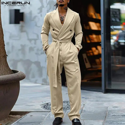 INCERUN 2024 American Style Fashion Jumpsuit Casual Men's Suit Neck Double Breasted Jumpsuits Long Sleeved Casual Rompers S-5XL