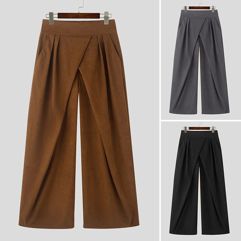 Fashion Men's Trousers INCERUN 2024 Solid Pleated Cross Design Long Pants Casual Party Shows Male High Waisted Pantalons S-5XL