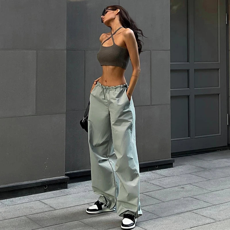 Women's casual European and American street fashion trend women's simple loose pants Drawstring waist casual work pants