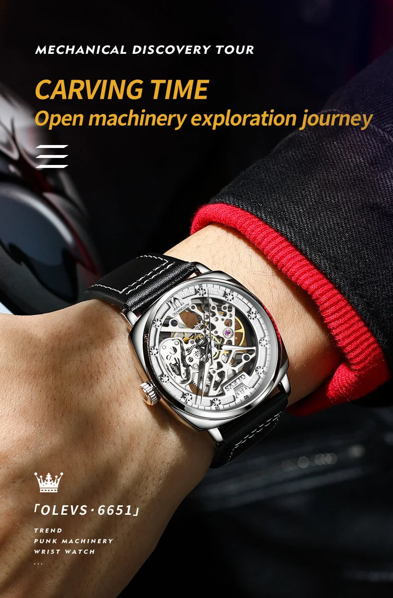 OLEVS 6651 Classic Automatic Mechanical Watch For Men Hollow Skeleton Luxury Leather Wrist Watches Waterproof Luminous Man Watch