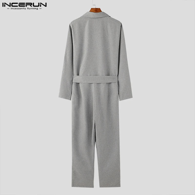 INCERUN 2024 American Style Fashion Jumpsuit Casual Men's Suit Neck Double Breasted Jumpsuits Long Sleeved Casual Rompers S-5XL