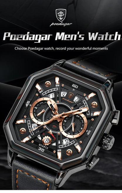 POEDAGAR Luxury Chronograph Square Man Watch Waterproof Luminous Date Men Watch Sports Leather Men's Watches Quartz Reloj Hombre