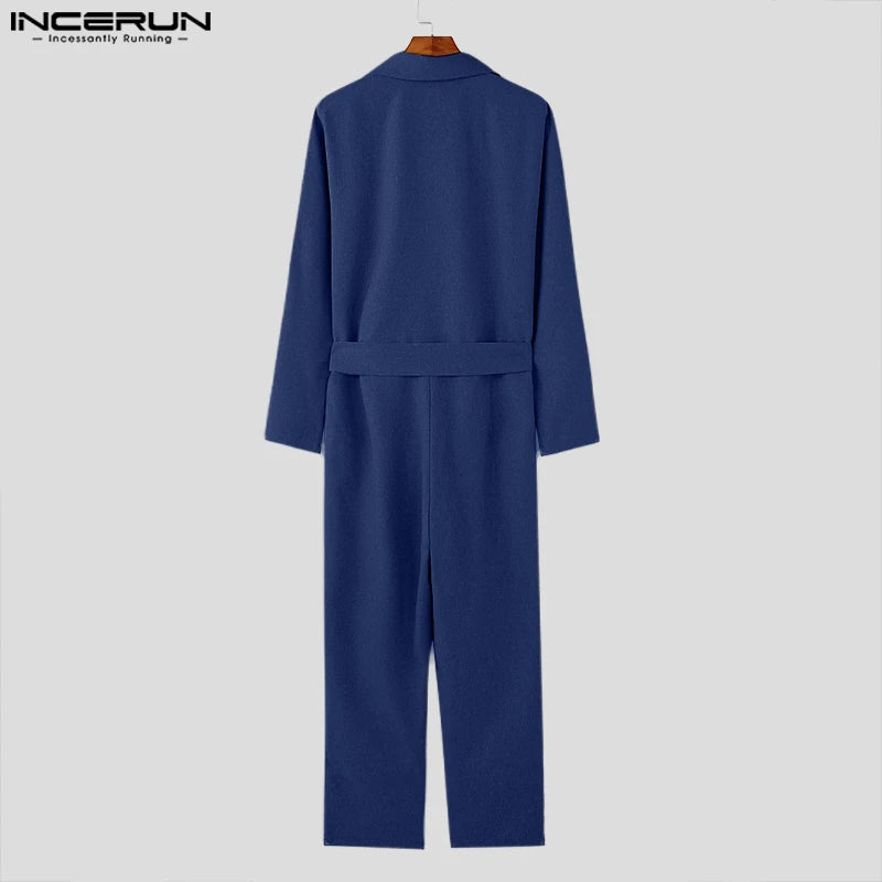 INCERUN 2024 American Style Fashion Jumpsuit Casual Men's Suit Neck Double Breasted Jumpsuits Long Sleeved Casual Rompers S-5XL