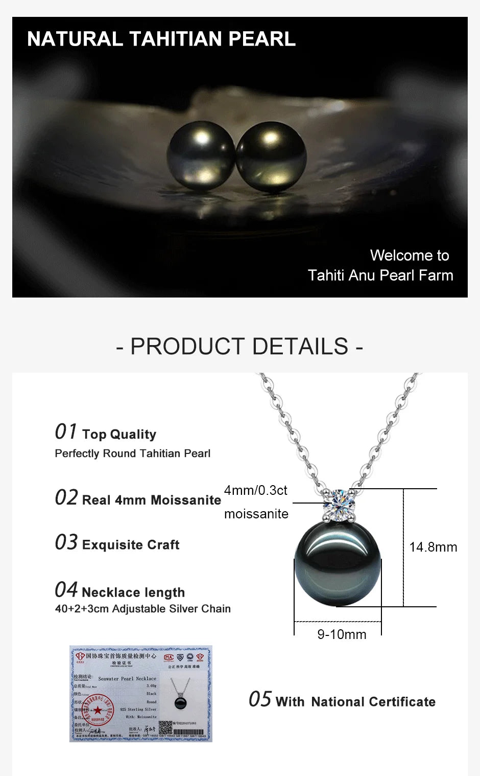 AnuJewel 9-10mm Natural Tahitian Black Pearl 0.3ct Moissanite Diamond Necklace 925 Sterling Silver Necklace Forman