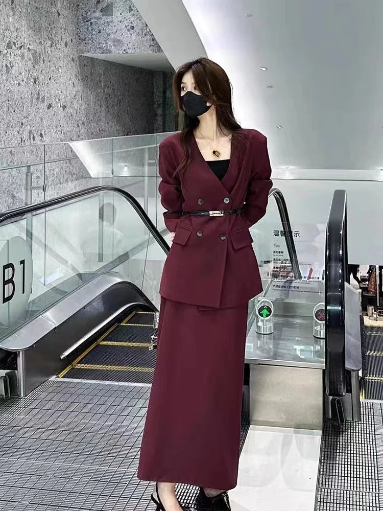 Korean Fashion Elegant Women Blazer Skirts Suit Casual Business Formal Suit Jackets Midi Saya 2 Pieces Set Female Chic Clothes