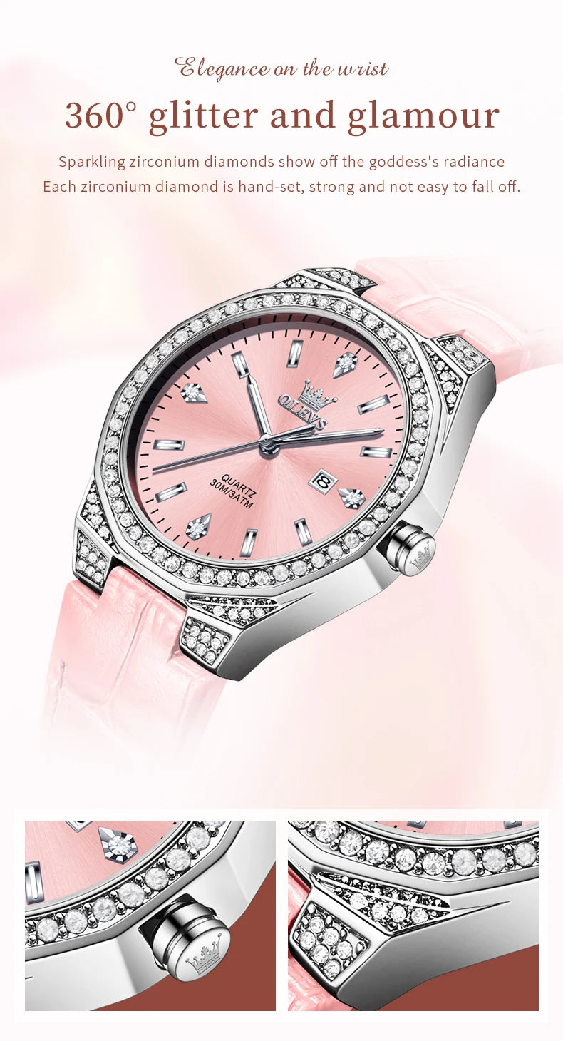 OLEVS 5606 Women's Watches Pink Watch Girl for Women Leather Strap Waterproof Full Diamond Bezel Elegant Ladies' Watches NEW