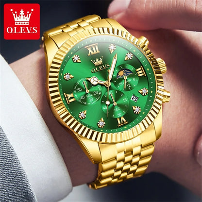 OLEVS High-end Original Replica Quartz Watches for Men Luxury Golden Stainless Steel Chronograph Moon Phase Waterproof Man Watch