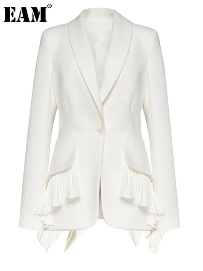 [EAM] Women White Irregular Pleated Ruffles Elegant Blazer New Lapel Long Sleeve Jacket Fashion Tide Spring Autumn 2024 1DH4840