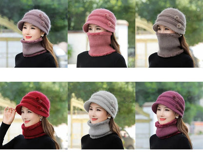 Women Winter Hat Keep Warm Cap Add Fur Lined CAPS And Scarf Set Warm For Female Casual Rabbit Fur Winter Knitted Bonnet