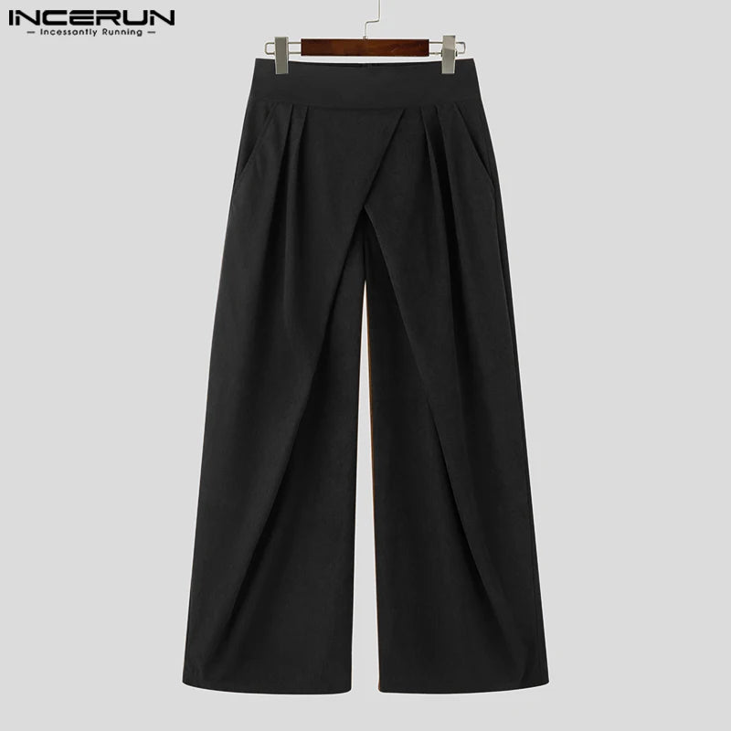 Fashion Men's Trousers INCERUN 2024 Solid Pleated Cross Design Long Pants Casual Party Shows Male High Waisted Pantalons S-5XL