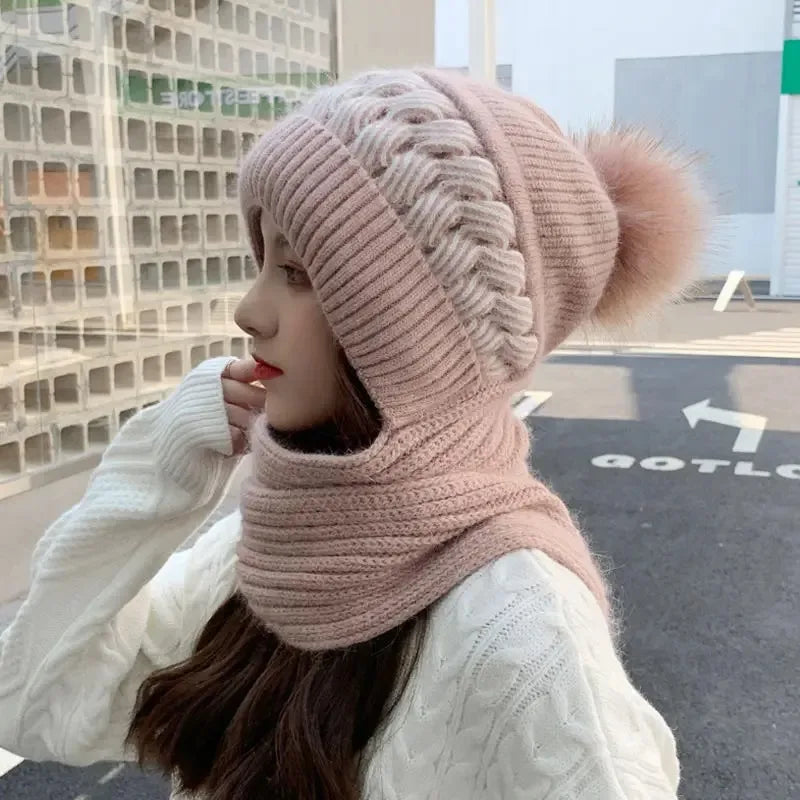 New Super Cute Warm Winter Scarf Hat Gloves with Fleece Thickened Ear Protection One-piece Knit Hat Are Windproof and Cold