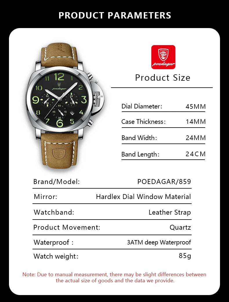 POEDAGAR Luxury Military Watch For Men Waterproof Luminous Date Chronograph Man Watch Sports Casual Leather Men's Quartz Watches