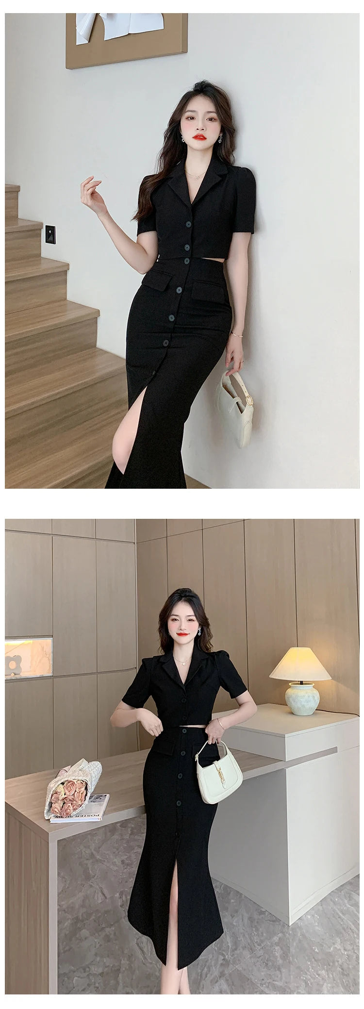 Elegant Formal 2 Pieces Outfits Women Professional Cropped Short Tops Shirt Blouse Slit Midi Skirt Sets Mujer Business Clothes