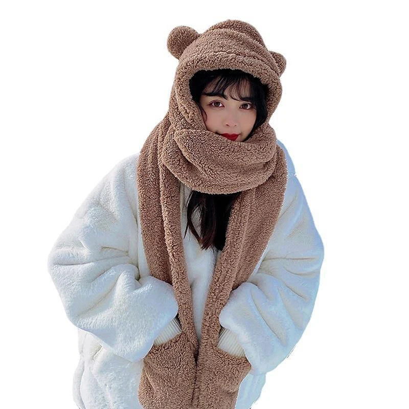 New Cute Bear Ear Hat Scarf Gloves Set Winter Women Beanies Caps Warm Casual Plush Hats Casual Solid Fleece Girl Kawaii Present