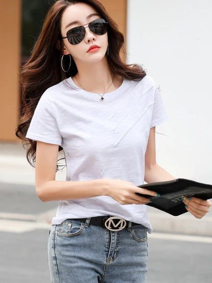 Summer Women Tee-Shirts Button Ribbed Cotton Top Loose Fashion T-shirts Women Streetwear Short Sleeve O-Neck Korean Tops