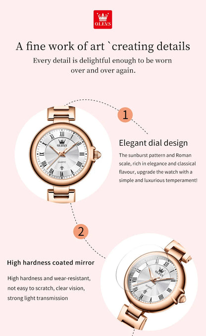 OLEVS Women's Watches Elegnat Fashion Original Quartz Wristwatch Waterproof Luminous Date Watch for Lady Trend Casual 2024 New