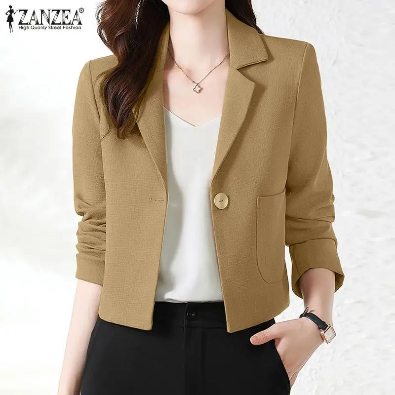 ZANZEA Stylish Women OL Work Blazer Autumn Elegant Office Lady Suits Blazer Casual Solid Crop Top Lapel Neck Long Sleeve Outwear