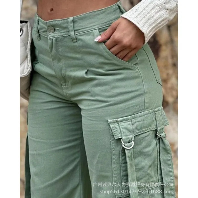 Wepbel Pocket Straight-Leg Overalls Pants 2023 Fashion Overalls Women Trousers Army Green Casual Patch Solid Color Cargo Pants