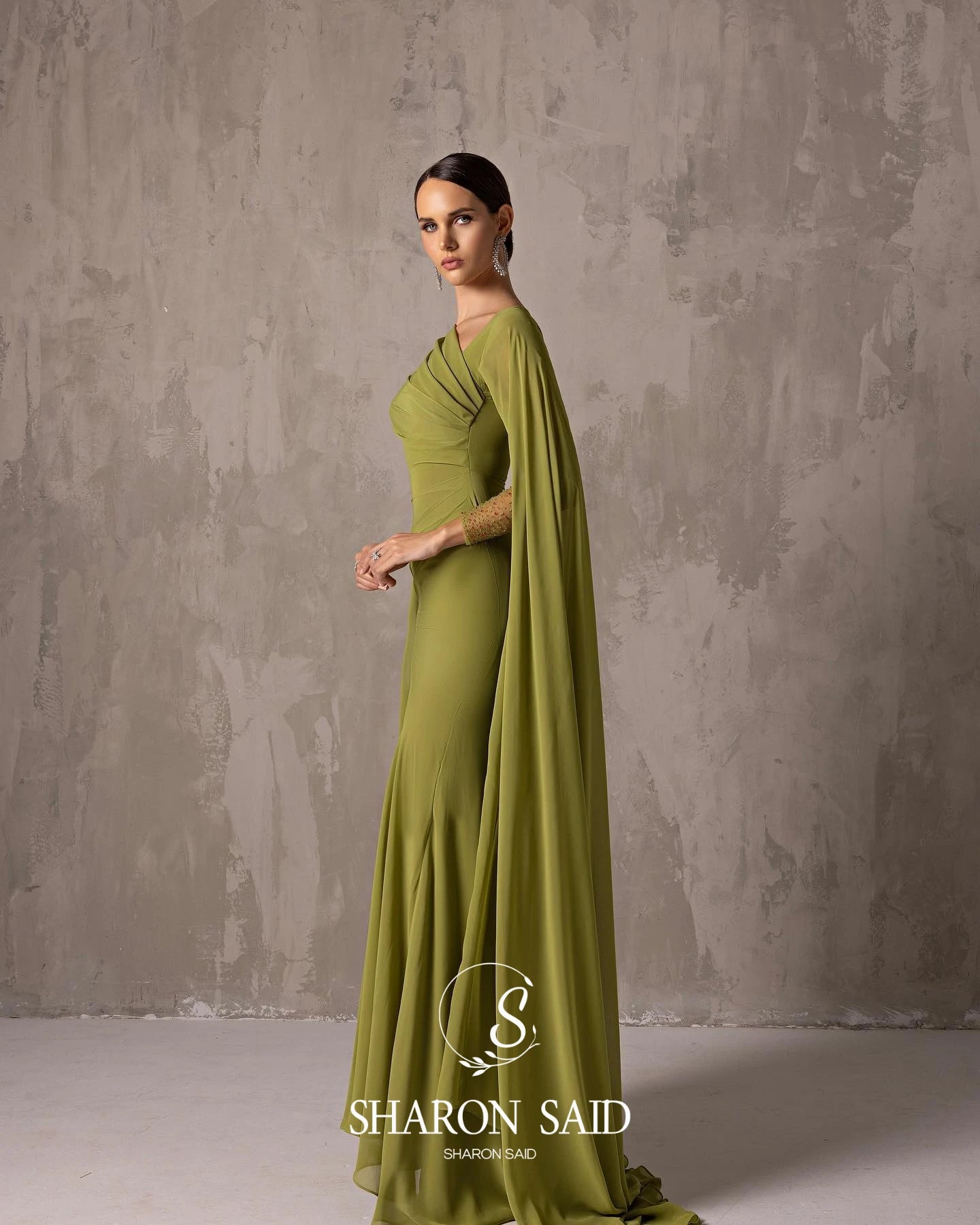 Sharon Said Custom Made Asymmetrical Sage Green Chiffon Arabic Evening Dress with Cape Sleeve For Women Wedding SF051 Customized