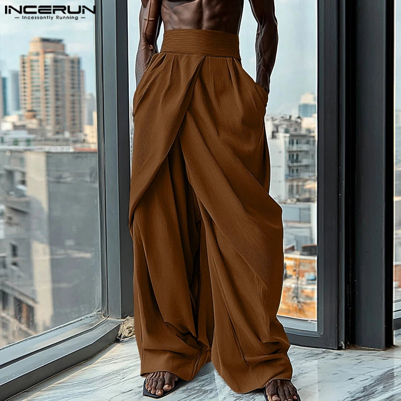 Fashion Men's Trousers INCERUN 2024 Solid Pleated Cross Design Long Pants Casual Party Shows Male High Waisted Pantalons S-5XL