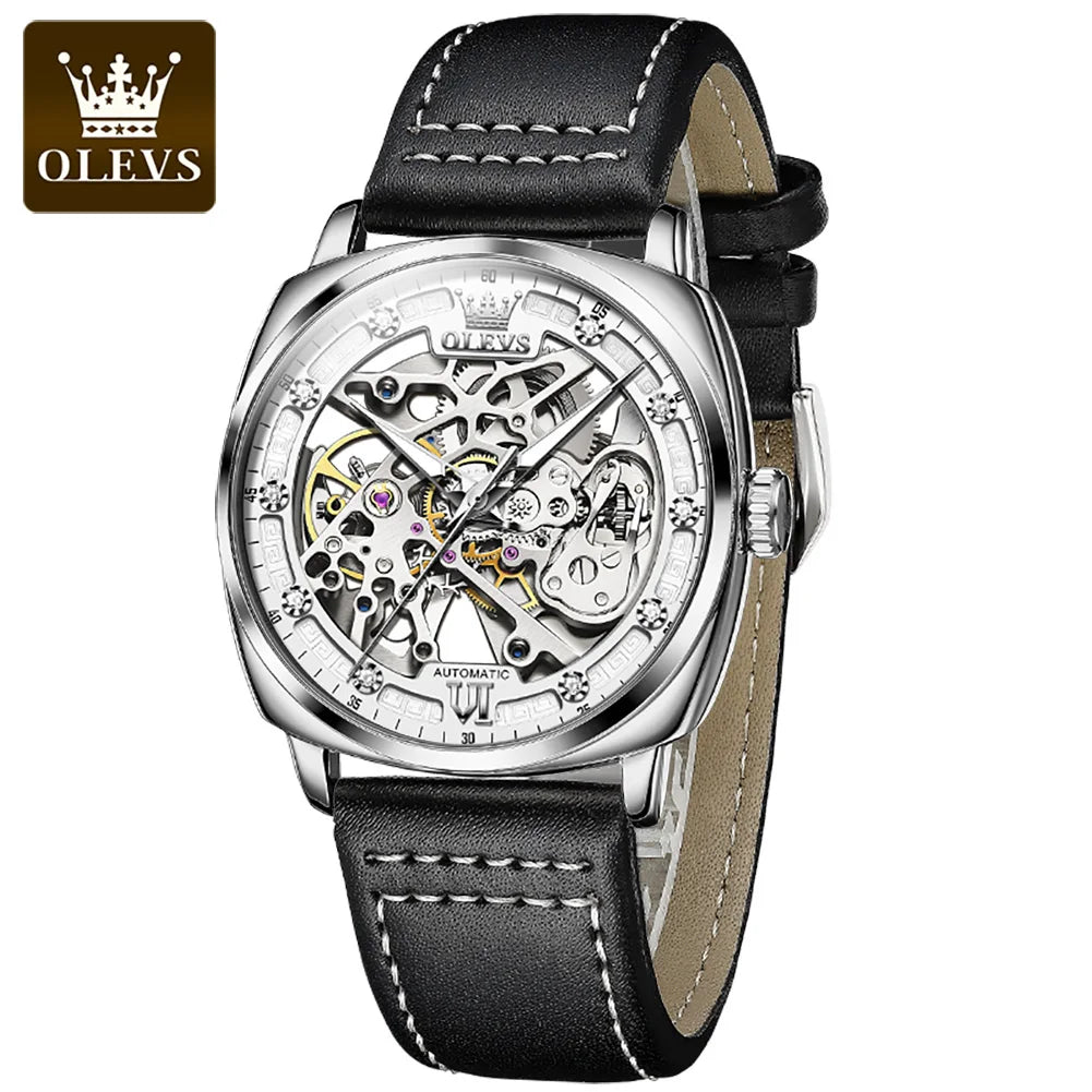 OLEVS 6651 Original Men's Automatic Watches Fashion Casual Tonneau PUNK Style Hollow Out Mechanical Writwatch Luxury Man Watch