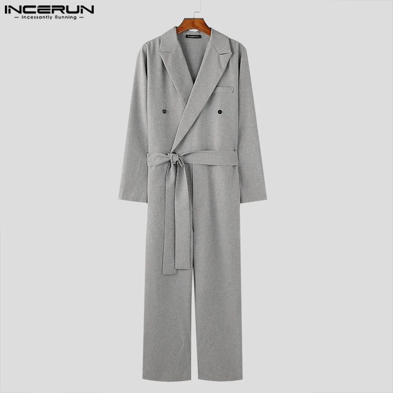 INCERUN 2024 American Style Fashion Jumpsuit Casual Men's Suit Neck Double Breasted Jumpsuits Long Sleeved Casual Rompers S-5XL