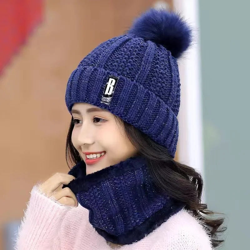 Warm Winter Skullies Beanies Knitted Hat Women Brand High Quality Winter Women Ball Ski Wool Fur Hat Pompoms Hats Knitted Scarf