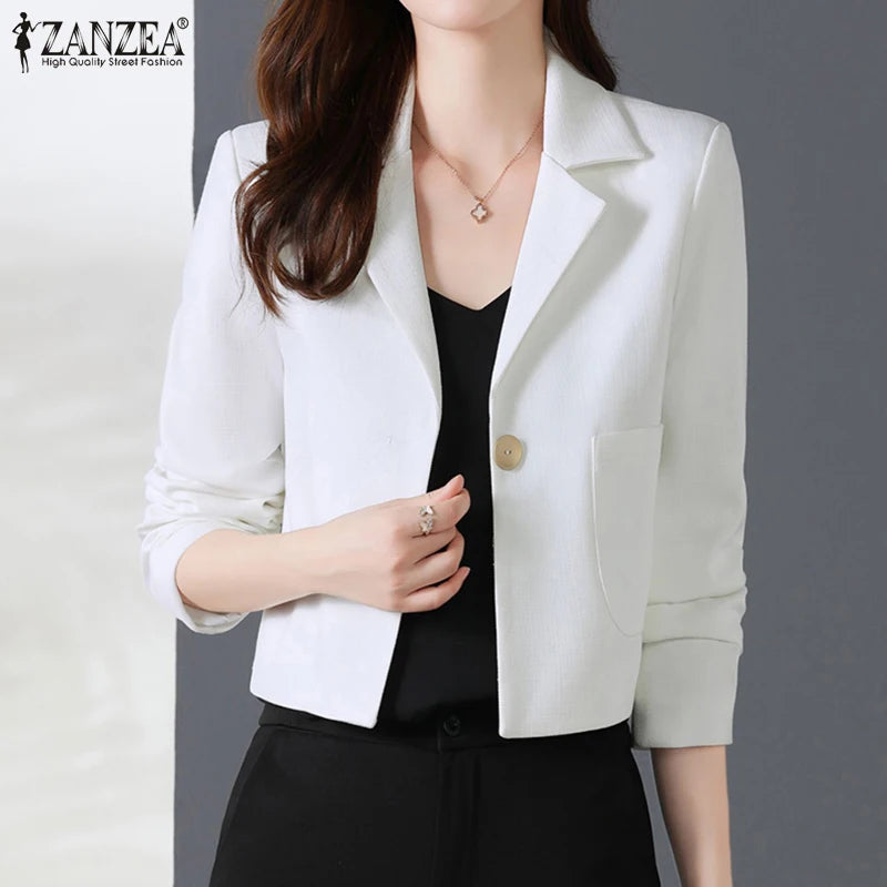 ZANZEA Stylish Women OL Work Blazer Autumn Elegant Office Lady Suits Blazer Casual Solid Crop Top Lapel Neck Long Sleeve Outwear