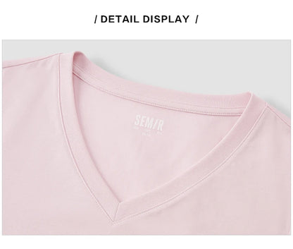 Semir Short Sleeve T-Shirt Women Slim V-Neck Positive Shoulder Simple 2024 New Antibacterial Summer Solid Colour Versatile T shi